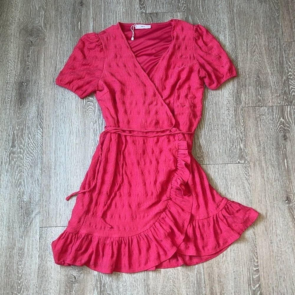 MNG by Mango Textured Wrap Ruffle Mini Dress- Fuchsia/Red Size 8 summer - Picture 2 of 7